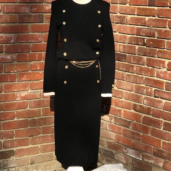 Jaylon New York Dresses & Skirts - Jaylon New York Black Sheath Vintage Knit Dress Double Breasted Chain Belt 6